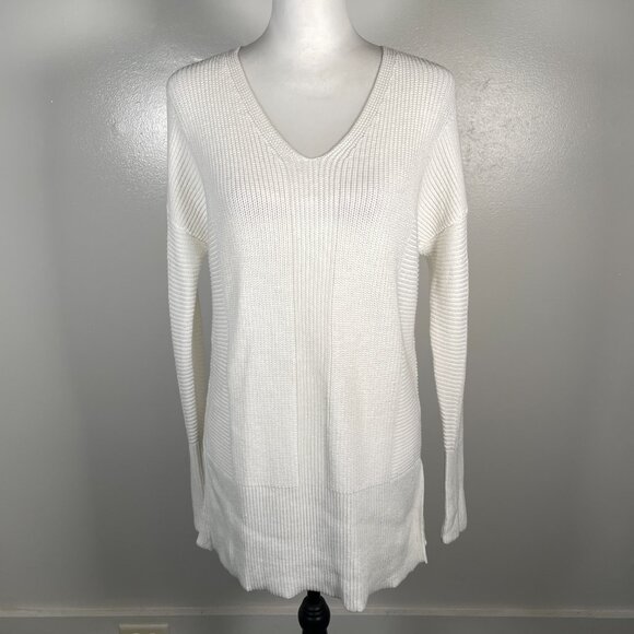 Rachel Zoe White V Neck Ribbed Knit Long Sleeve Pullover Tunic Sweater M - Picture 2 of 14